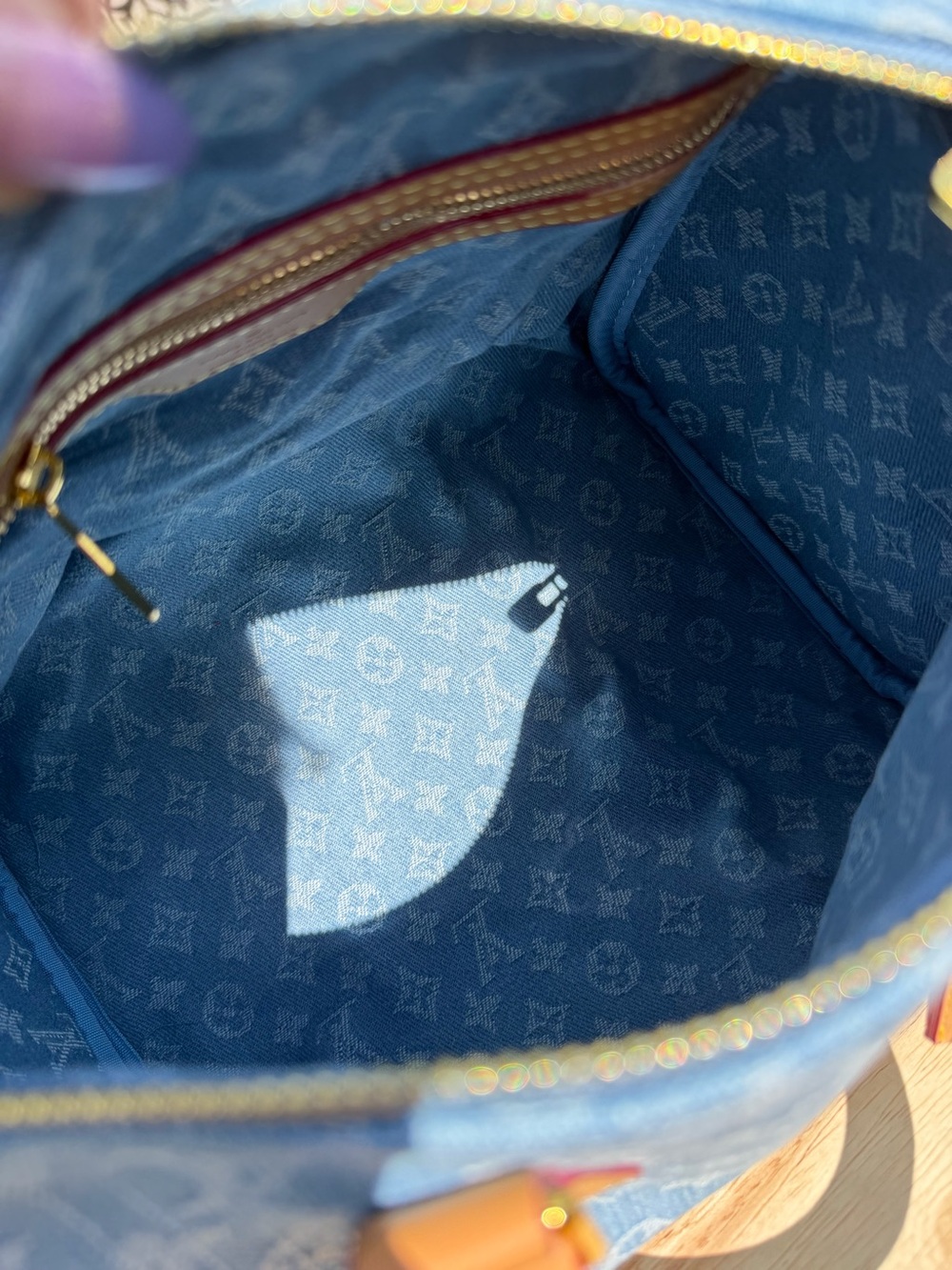 NEW LV Print Speedy Denim Monogram Satchel HandBag Blue Tan & Gold Lock Key - Picture 16 of 16